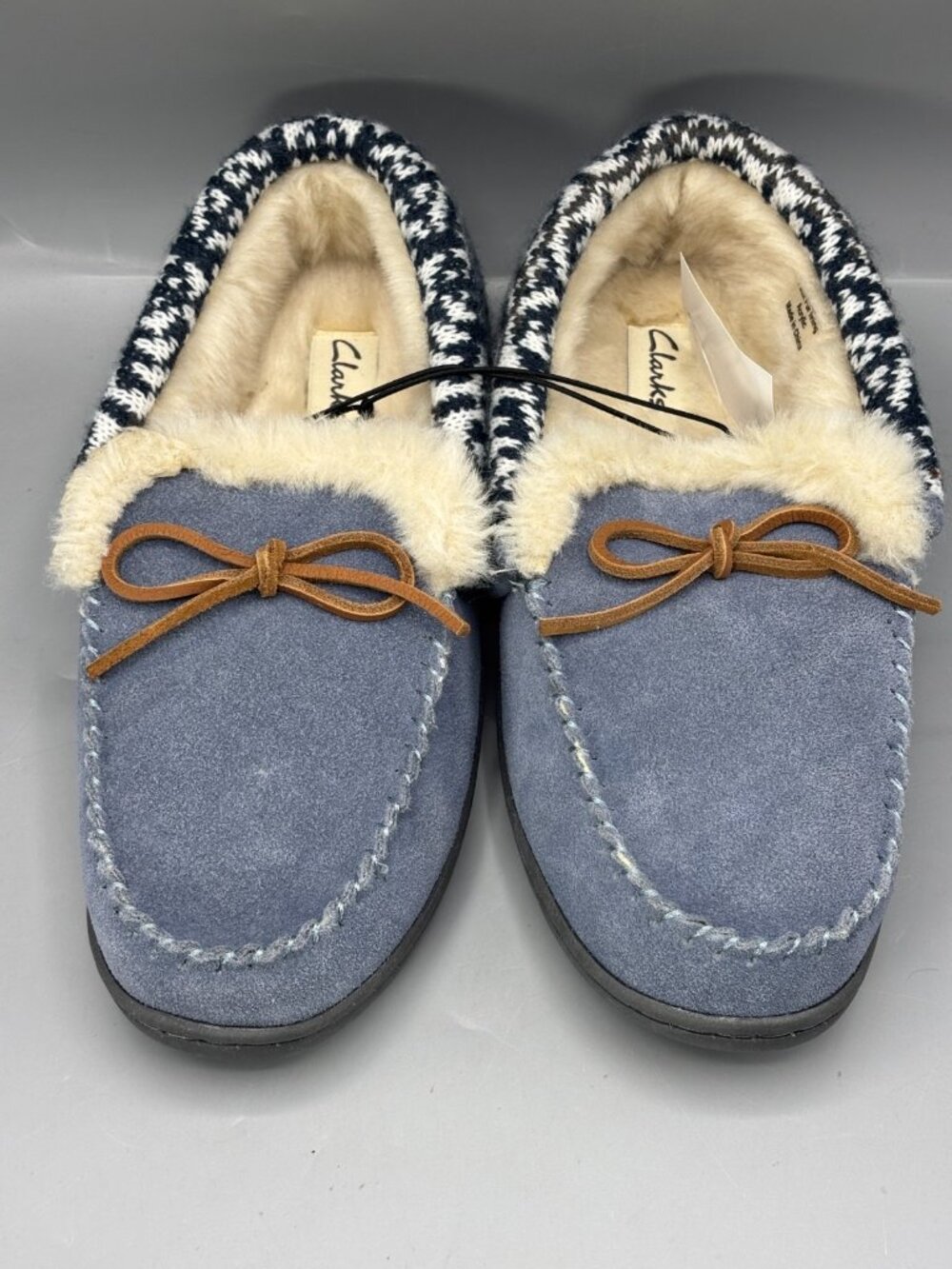 Clarks Moccasin Slippers Women 11 Blue Leather Faux Fur Lining Bow Detail LB0850